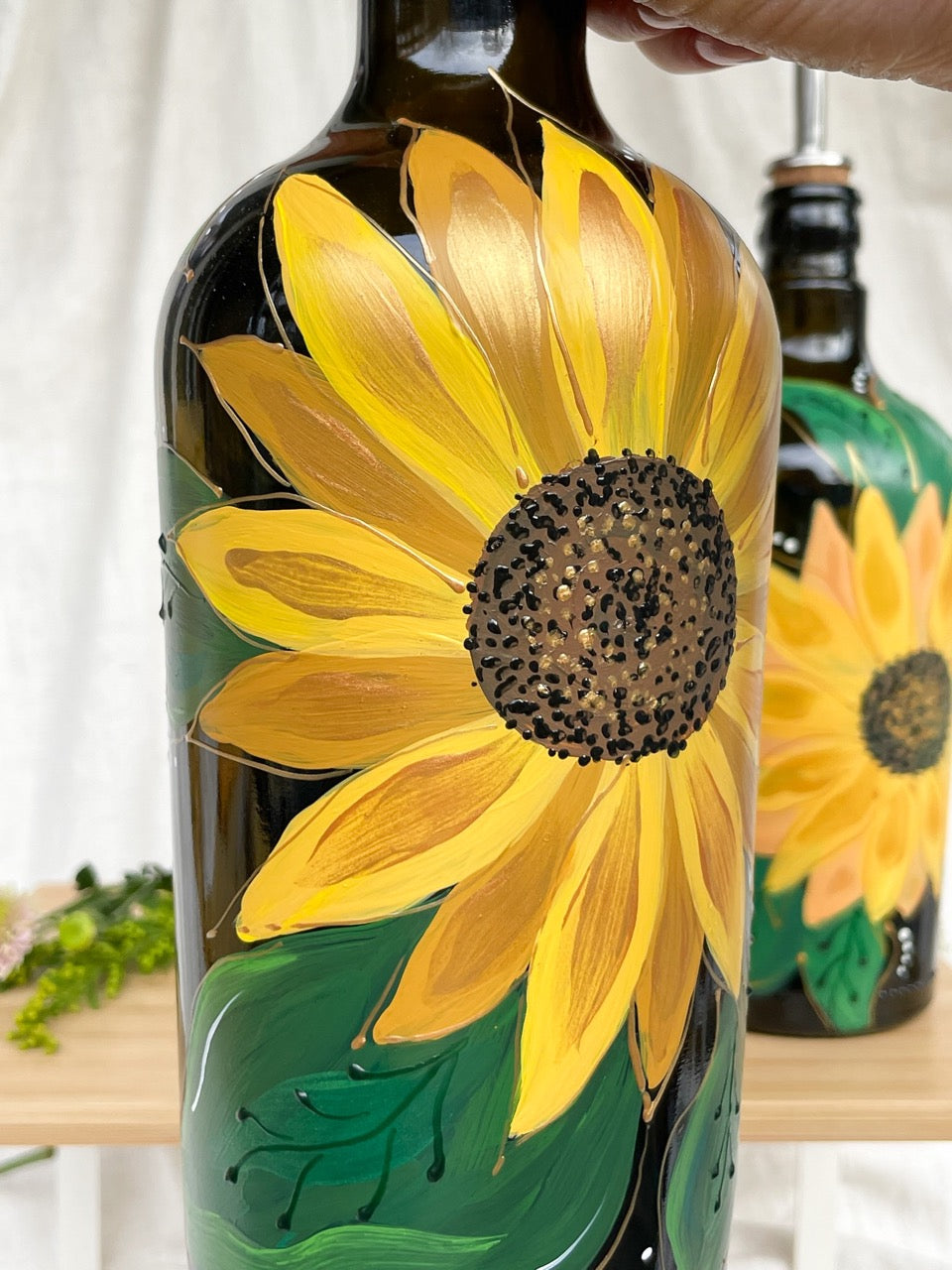 Handbeschilderde zonnebloemoliefles 750 ML
