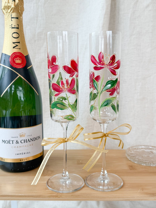 Hand-Painted Champagne Flutes flower stem
