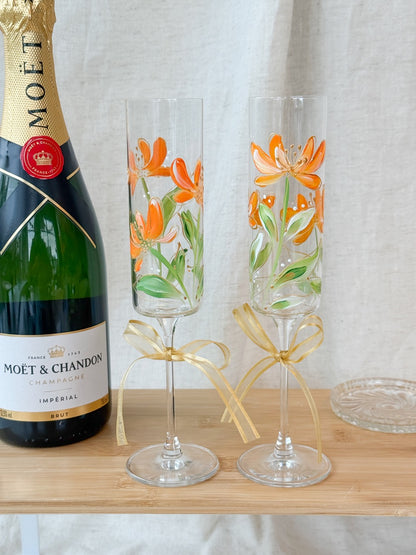 Hand-Painted Champagne Flutes flower stem