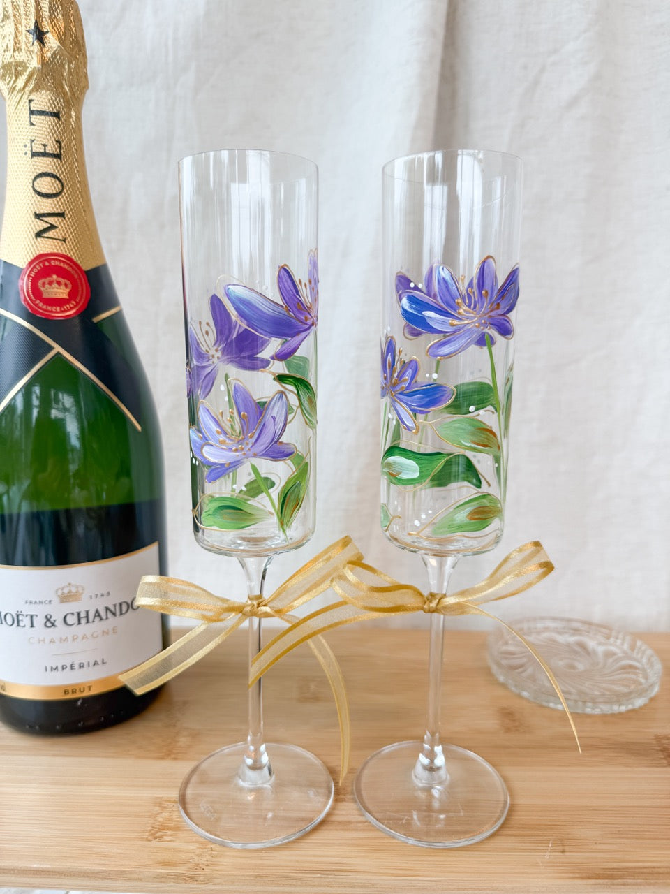 Hand-Painted Champagne Flutes flower stem