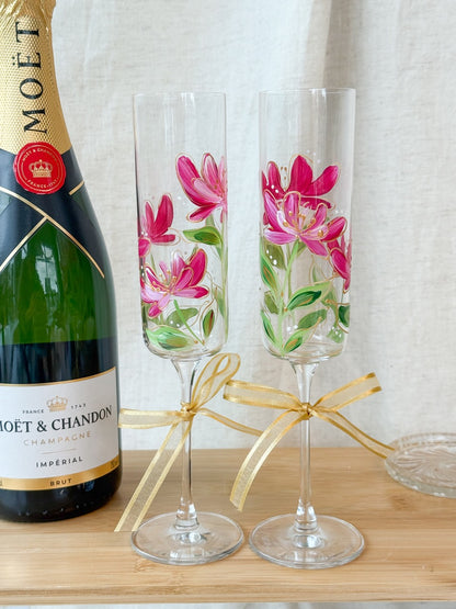 Hand-Painted Champagne Flutes flower stem