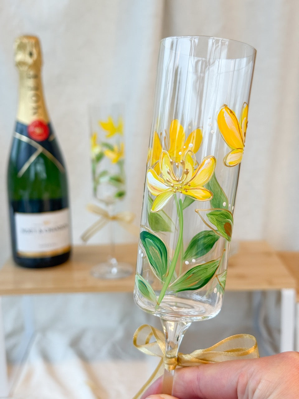 Hand-Painted Champagne Flutes flower stem