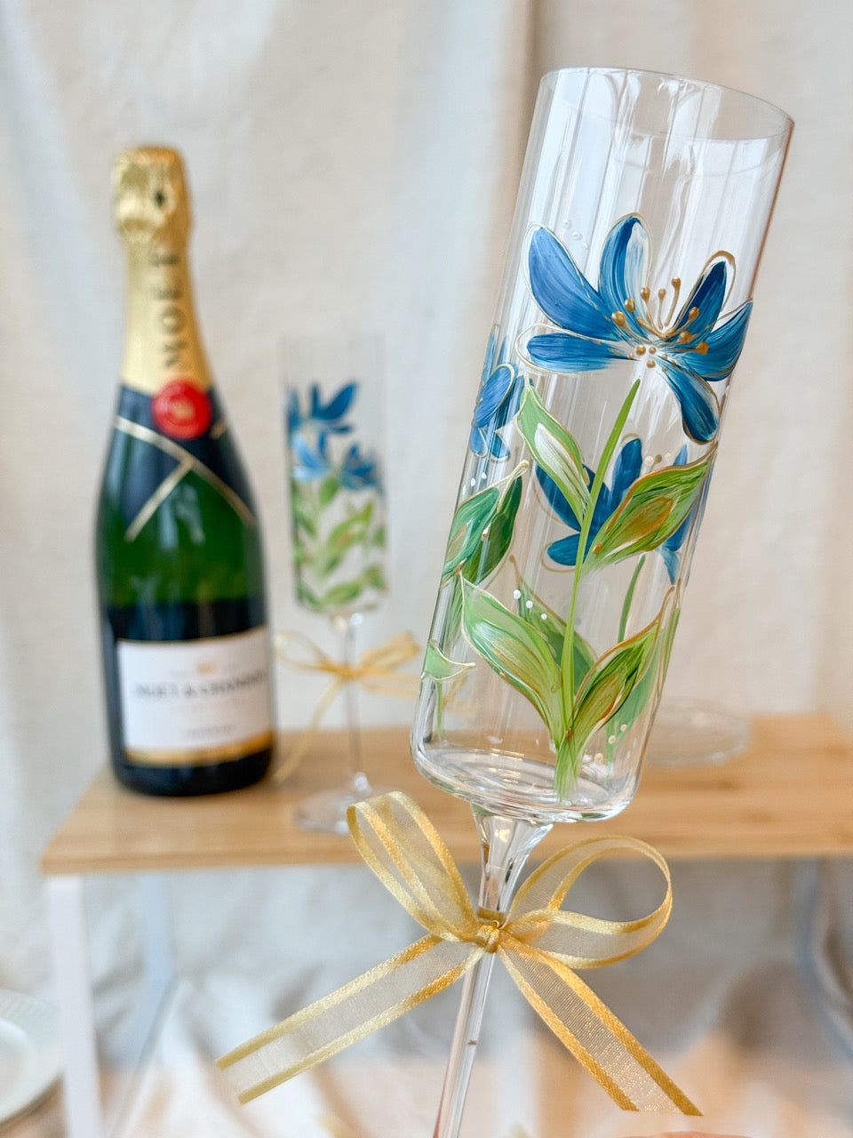 Hand-Painted Champagne Flutes flower stem