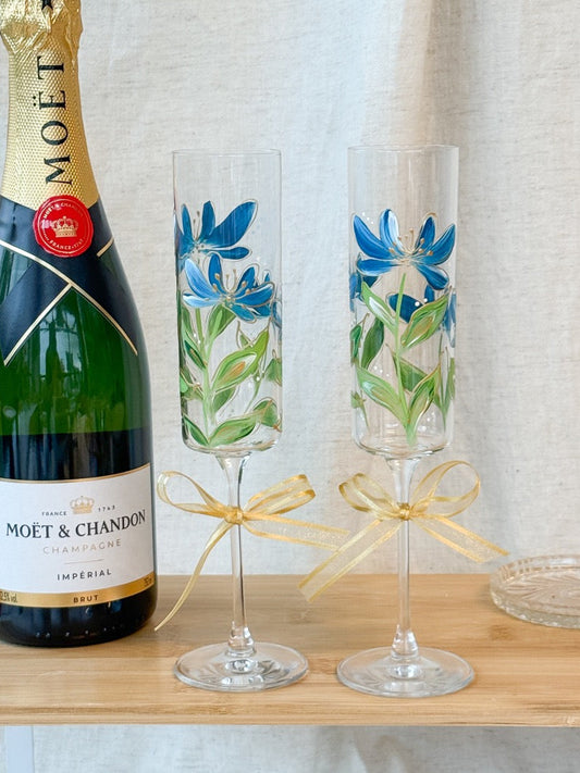 Hand-Painted Champagne Flutes flower stem