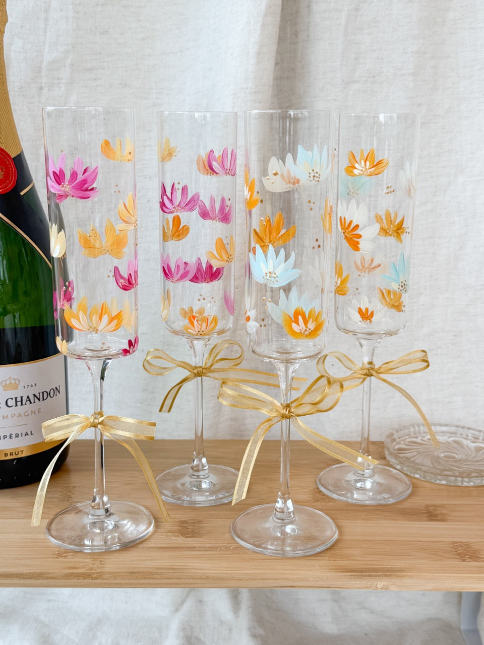 Hand-Painted Champagne Flutes Lilies
